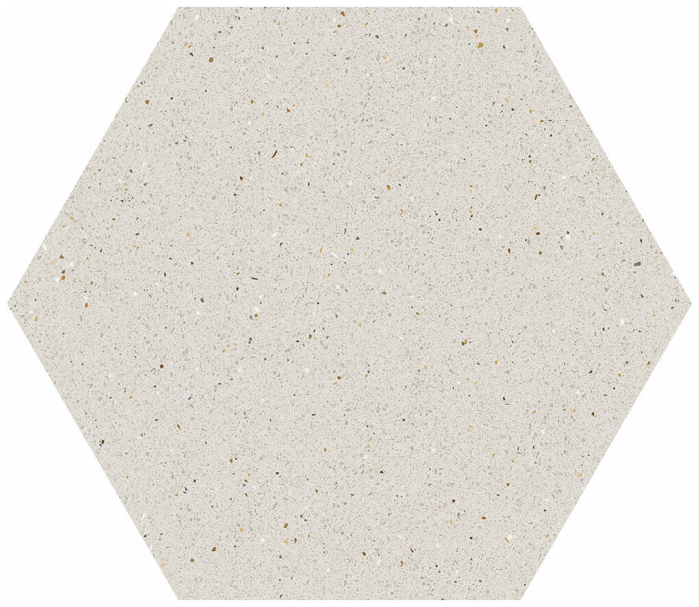 Heksagonalny gres Micra Blanco Hexagono w odcieniu jasnoszarym z kolorowymi inkluzjami