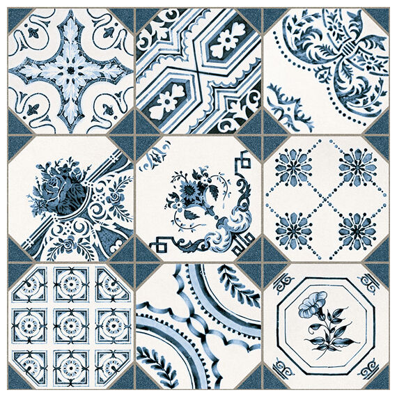 Retiro płytka podłogowa 31,6x31,6 z niebieskim patchworkowym wzorem na białym tle matowa