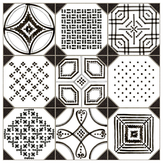 Płytka podłogowa Vondel 31,6x31,6 z czarno-białym wzorem patchworkowym geometrycznym