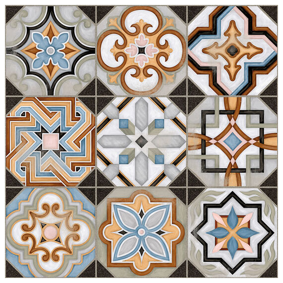 Central płytka podłogowa 31,6x31,6 z wzorem patchworkowym w odcieniach beżu i niebieskiego