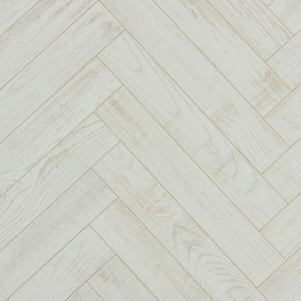 Jasne panele laminowane Chestnut White w układzie jodełki z widocznymi słojami drewna