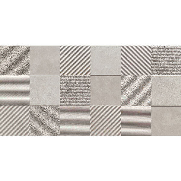 Blinds Grey 1 STR dekor 29,8x59,8 ukazuje kwadratowe szare pola z różnymi fakturami