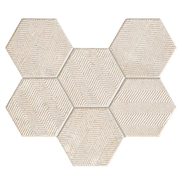 Mozaika Sfumato Hex 28,9x22,1 z matowych beżowych heksagonów z jodełkową strukturą